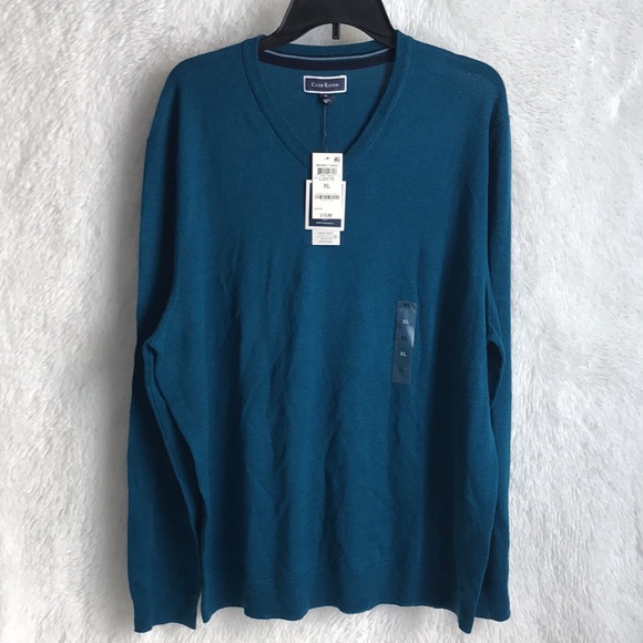 CLUB ROOM Majestic Teal Blue V-Neck Wool Blend - Picture 2 of 10
